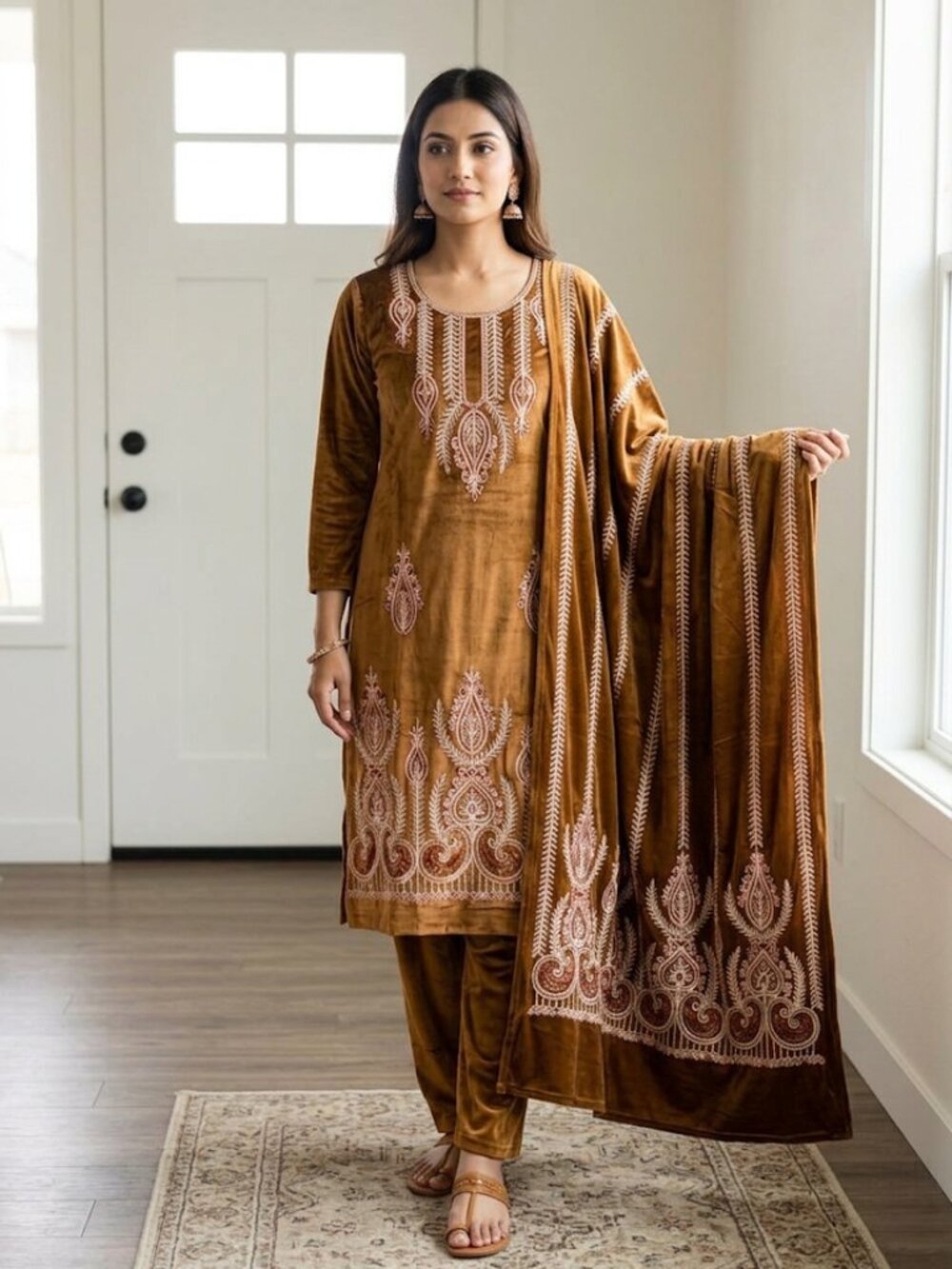 Women's Premium Velvet Embroidered Kurta Set with Dupatta – 3-Piece Elegant Ethn